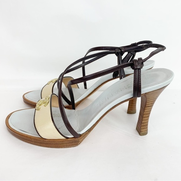 Chanel Blue / Brown Wooden Sole Strappy Heels Pumps 37 1/2 - Picture 8 of 13